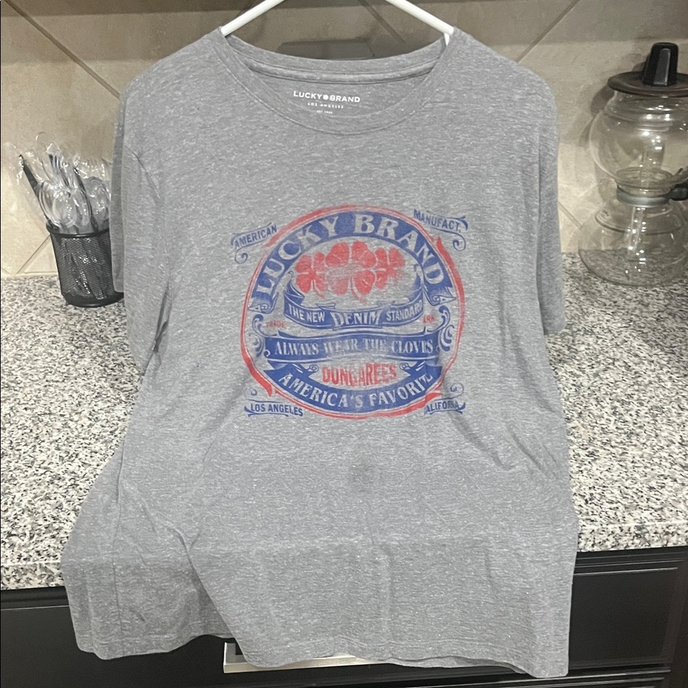Lucky Brand Gray Tee with Red and Blue Graphic
